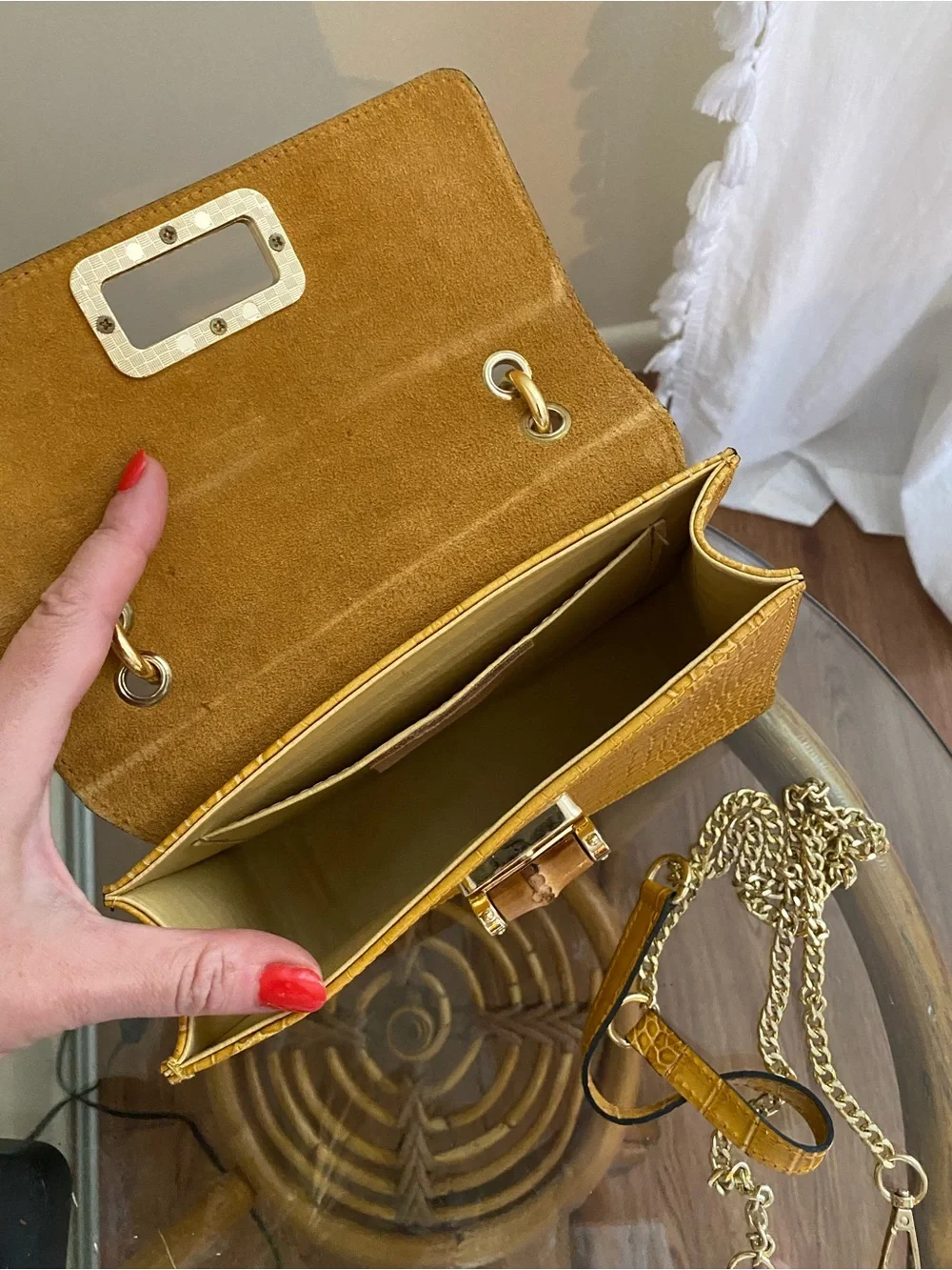 Italian Leather Mustard Croc-Embossed Bamboo Handle Bag